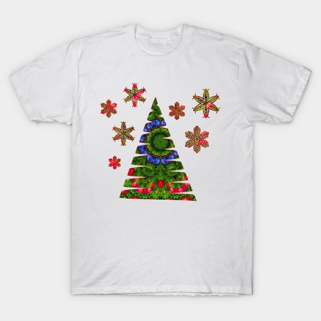 Christmas Floral Kaleidoscope Green and Red T-Shirt by Mazz M